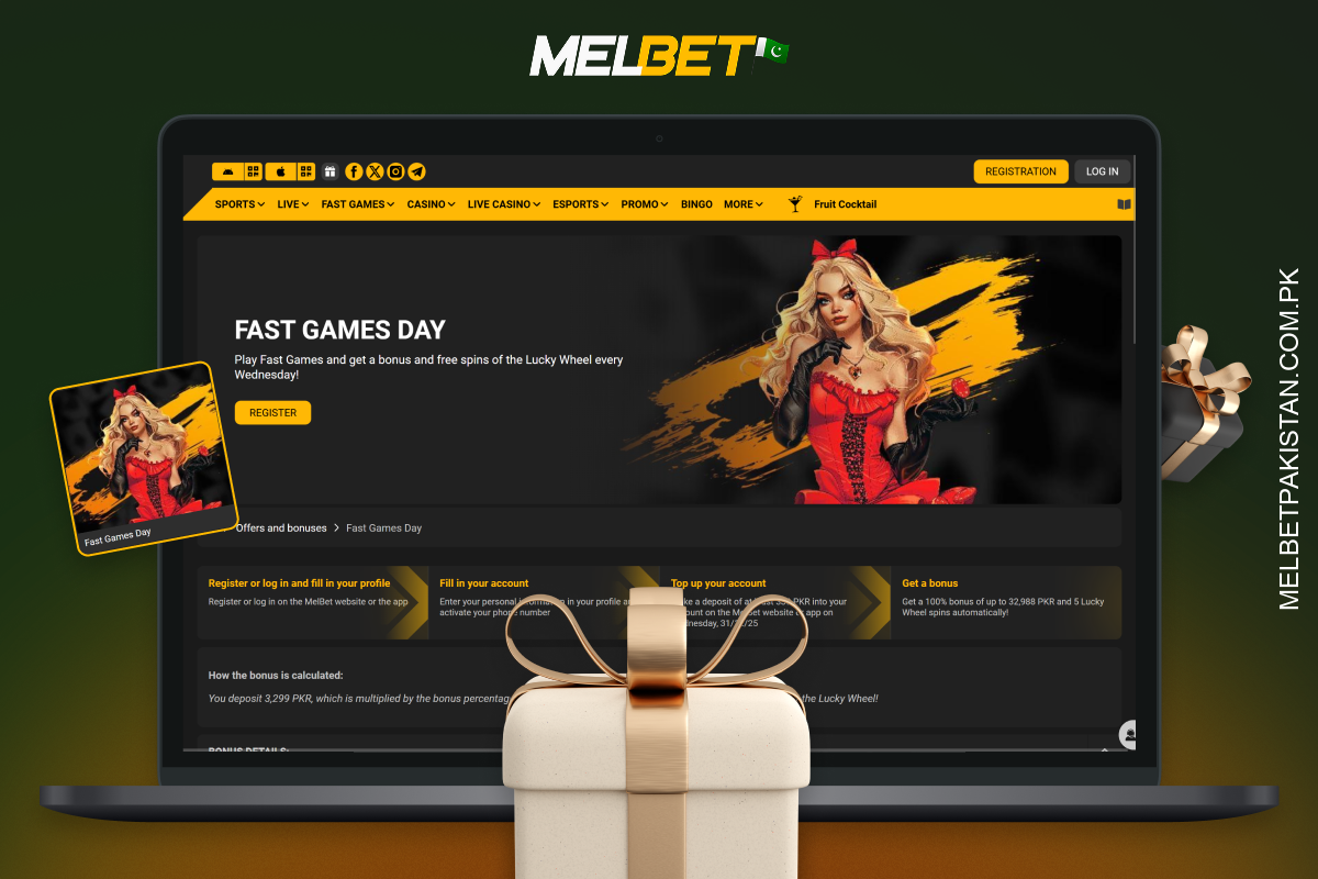 Fast Games Day is a Melbet promotion where every Wednesday players can receive a 100% deposit bonus and free spins in fast games