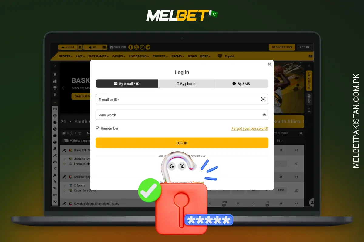 Logging into Melbet Pakistan is quick and secure via phone, email or social media